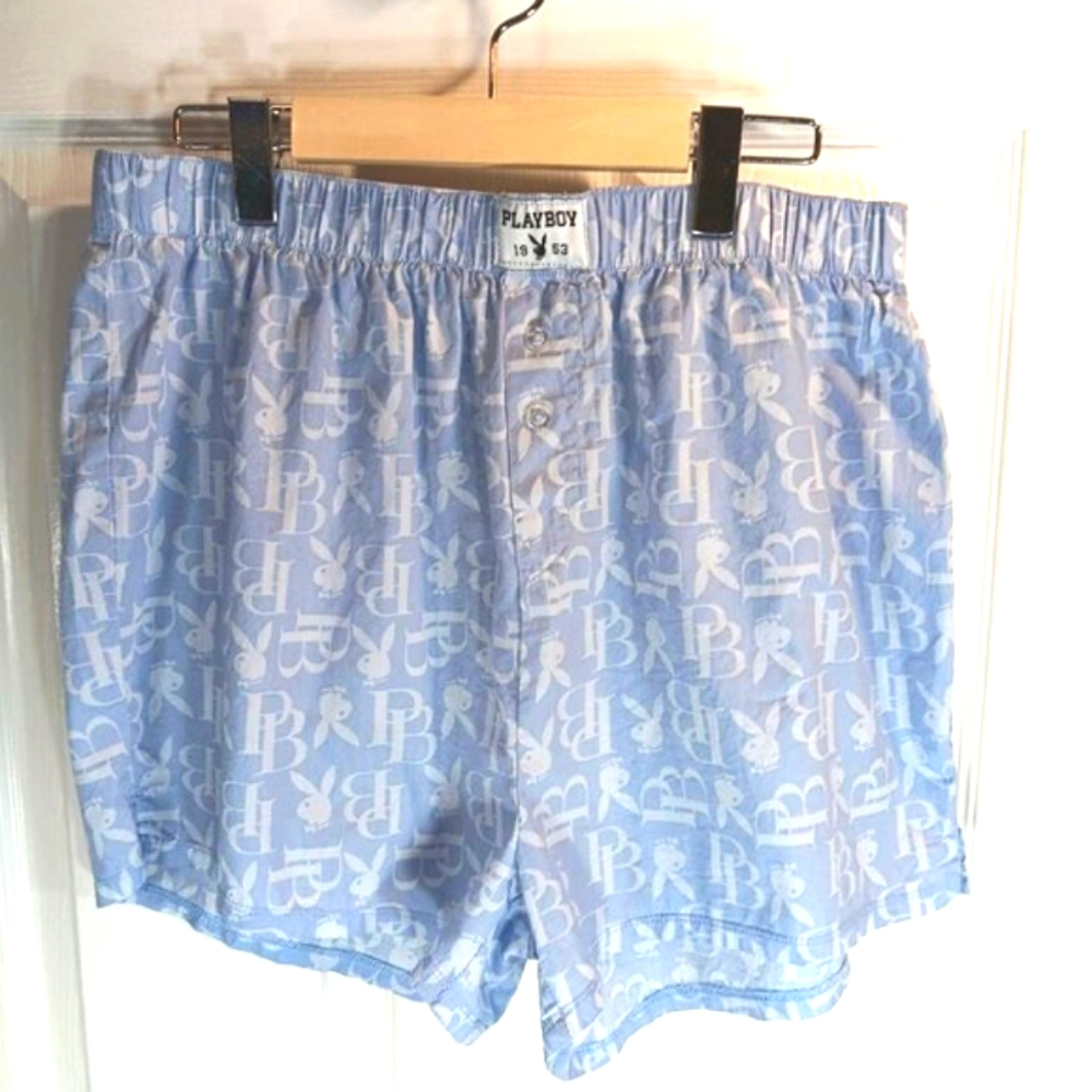 NWOT Playboy Women's Boxer Shorts Lightweight Cotton Blue White Size XL Lounge